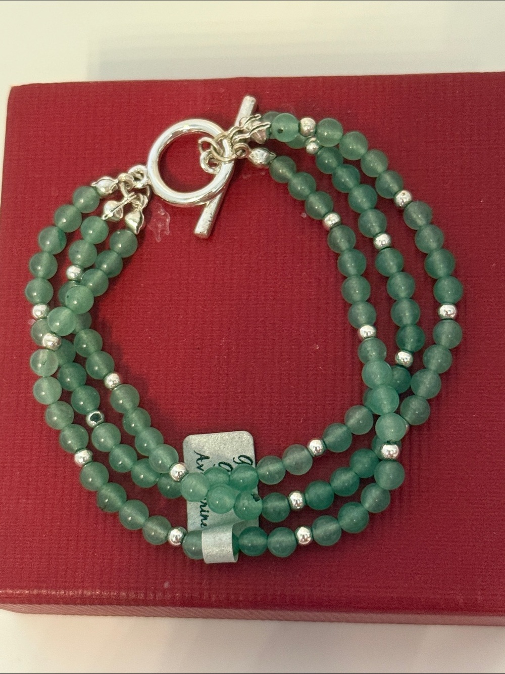 NEW BRACELET, GREEN AVENTURINE THREE STRAND BEADS SILVER TONE, ACCENT TOGGLE 7.5 - Picture 1 of 5